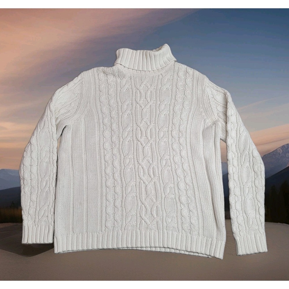 🧡Eddie Bauer Turtleneck Sweater Womens L Cream Fisherman Cable Knit Heavy